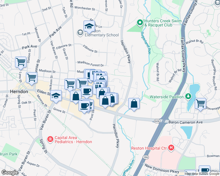map of restaurants, bars, coffee shops, grocery stores, and more near 168 Herndon Mill Circle in Herndon