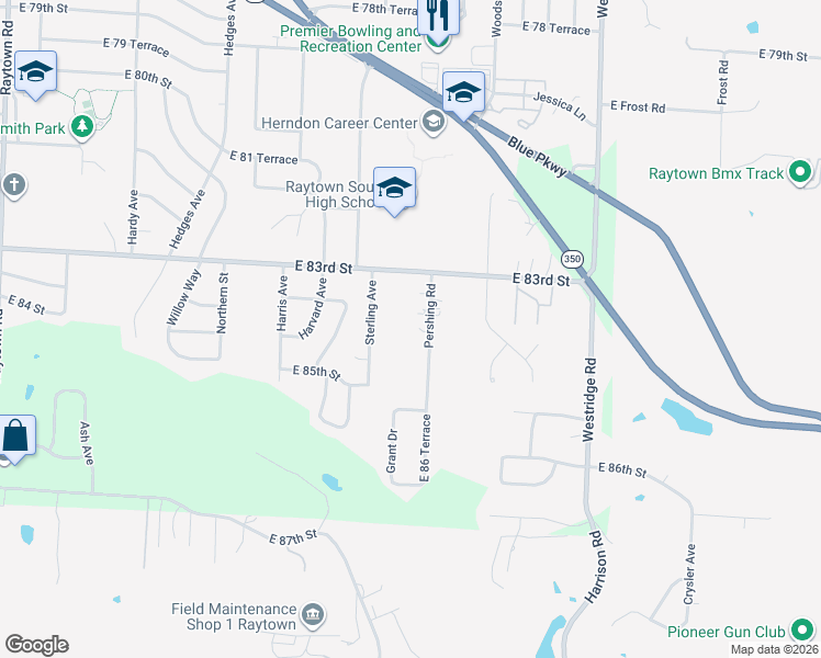 map of restaurants, bars, coffee shops, grocery stores, and more near 8316 Pershing Road in Raytown