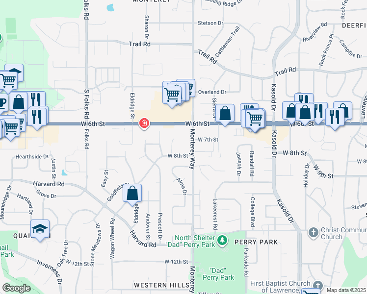 map of restaurants, bars, coffee shops, grocery stores, and more near 3908 West 8th Street in Lawrence