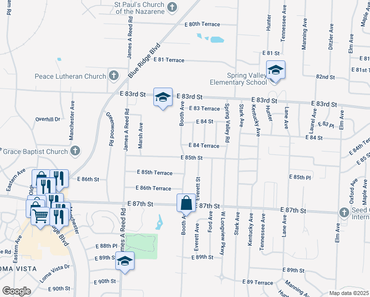 map of restaurants, bars, coffee shops, grocery stores, and more near 8417 Booth Ave in Raytown