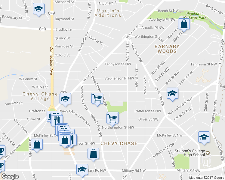 map of restaurants, bars, coffee shops, grocery stores, and more near 3353 Rittenhouse Street Northwest in Washington