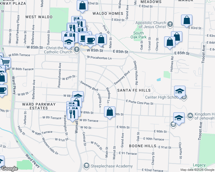 map of restaurants, bars, coffee shops, grocery stores, and more near 8633 Rainbow Lane in Kansas City