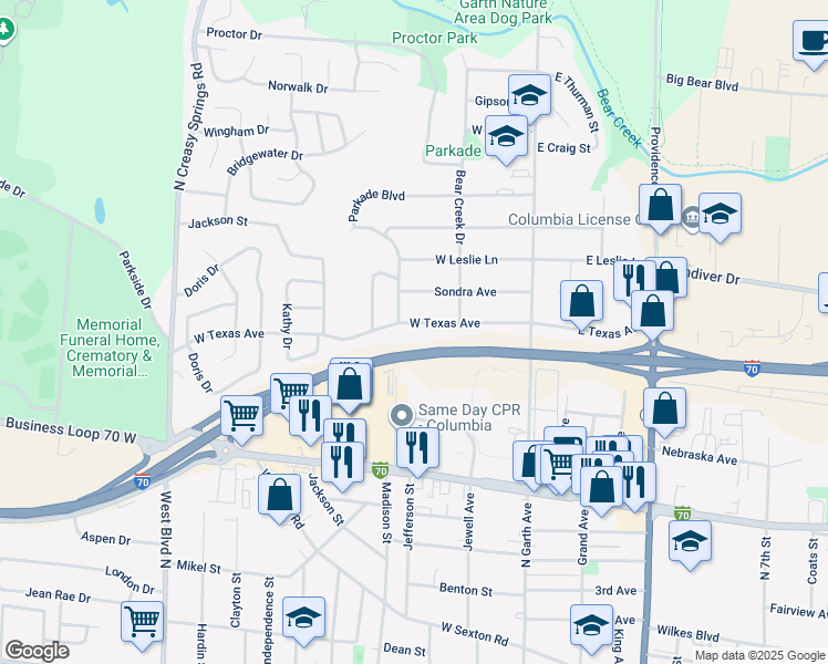map of restaurants, bars, coffee shops, grocery stores, and more near 404 West Texas Avenue in Columbia