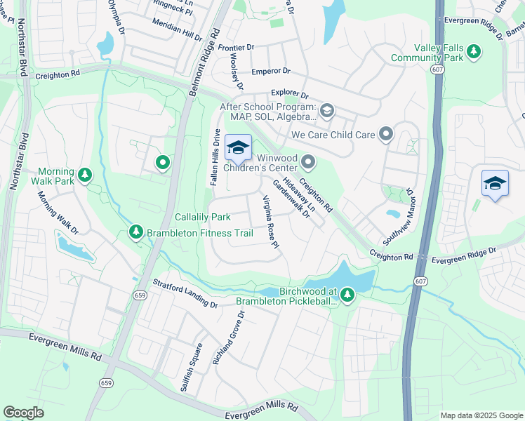 map of restaurants, bars, coffee shops, grocery stores, and more near 23383 Virginia Rose Place in Brambleton