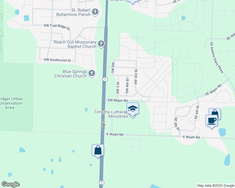 map of restaurants, bars, coffee shops, grocery stores, and more near 8094 Southwest 5th Street in Blue Springs