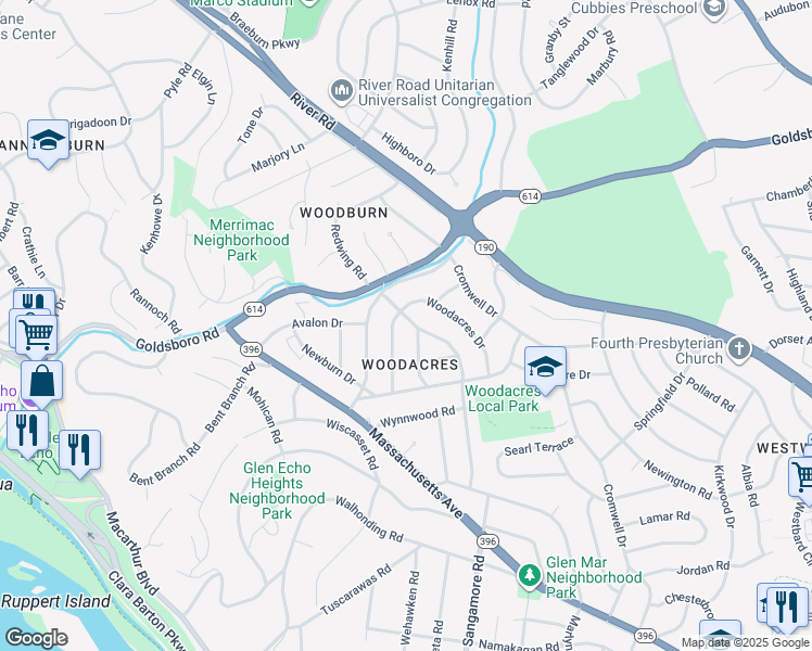 map of restaurants, bars, coffee shops, grocery stores, and more near 6002 Gloster Road in Bethesda