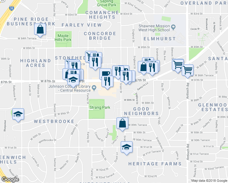 map of restaurants, bars, coffee shops, grocery stores, and more near 9573 West 87th Street in Overland Park
