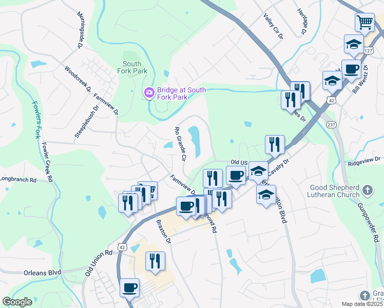 map of restaurants, bars, coffee shops, grocery stores, and more near 16 Rio Grande Circle in Florence