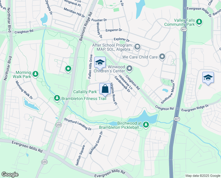 map of restaurants, bars, coffee shops, grocery stores, and more near 23383 Virginia Rose Place in Brambleton