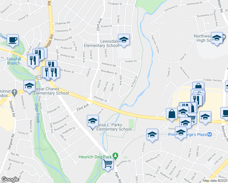 map of restaurants, bars, coffee shops, grocery stores, and more near 6625 24th Place in Hyattsville