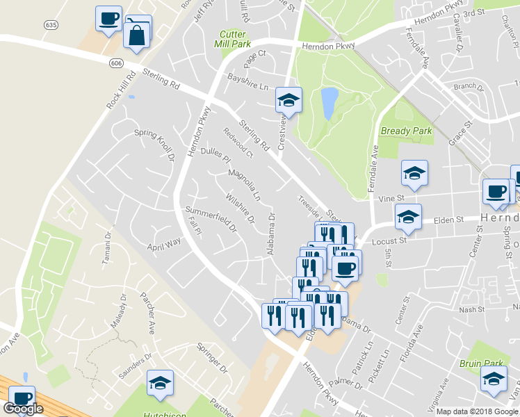 map of restaurants, bars, coffee shops, grocery stores, and more near 1226 Wilshire Drive in Herndon