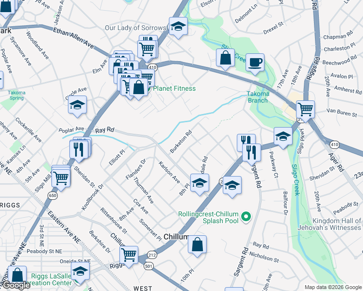 map of restaurants, bars, coffee shops, grocery stores, and more near 1111 Burketon Road in Hyattsville