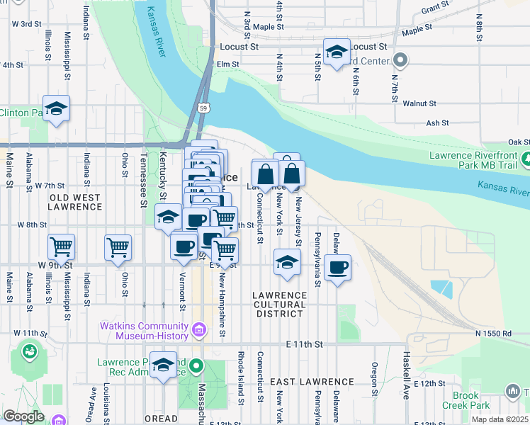 map of restaurants, bars, coffee shops, grocery stores, and more near 732 Connecticut Street in Lawrence