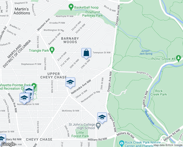 map of restaurants, bars, coffee shops, grocery stores, and more near 2721 Rittenhouse Street Northwest in Washington