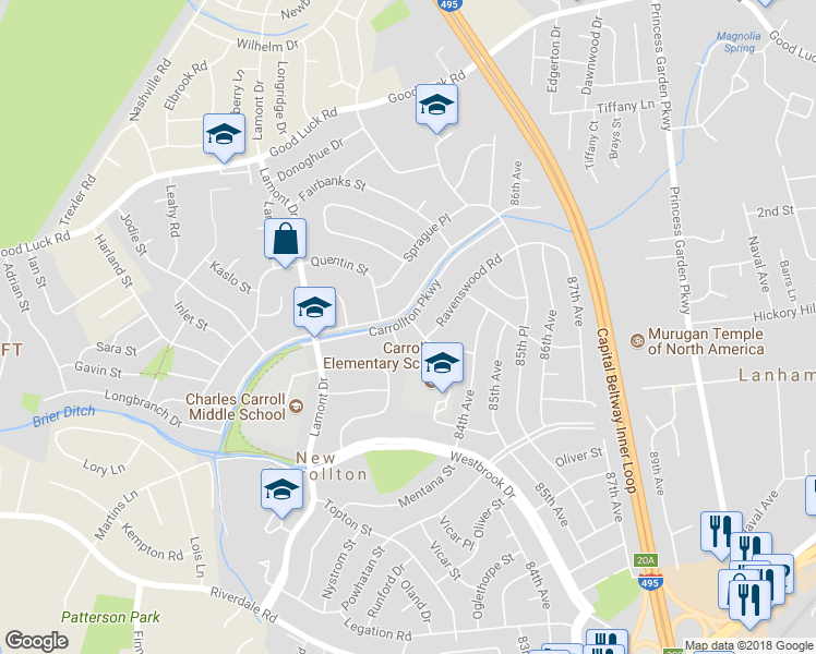 map of restaurants, bars, coffee shops, grocery stores, and more near 8301 Stanwood Street in New Carrollton