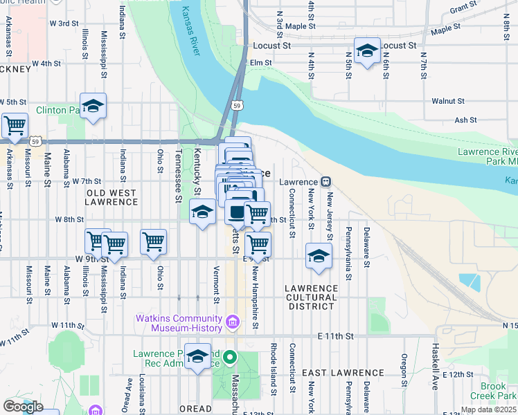 map of restaurants, bars, coffee shops, grocery stores, and more near 735 New Hampshire Street in Lawrence