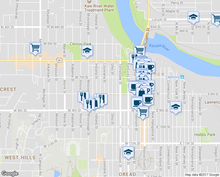 map of restaurants, bars, coffee shops, grocery stores, and more near 735 Ohio Street in Lawrence