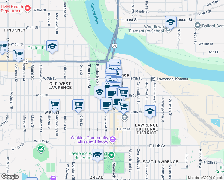 map of restaurants, bars, coffee shops, grocery stores, and more near 735 Massachusetts Street in Lawrence
