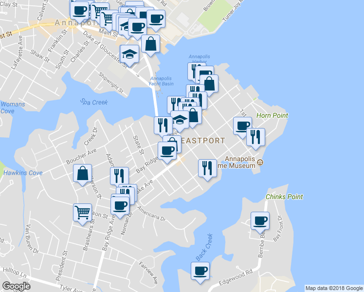 map of restaurants, bars, coffee shops, grocery stores, and more near 420 5th Street in Annapolis