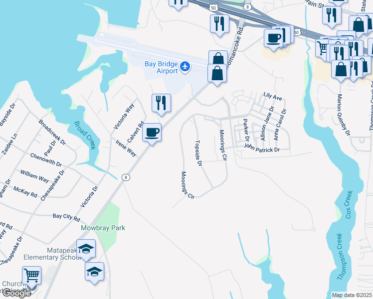 map of restaurants, bars, coffee shops, grocery stores, and more near 407 Moorings Circle in Stevensville