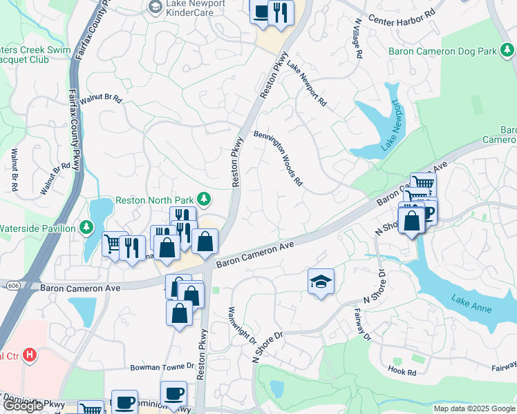 map of restaurants, bars, coffee shops, grocery stores, and more near 11670 Stockbridge Lane in Reston