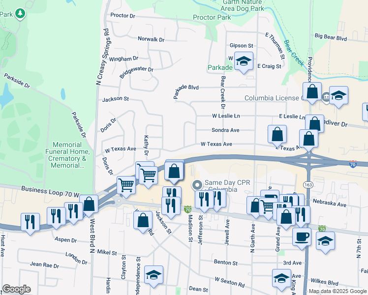 map of restaurants, bars, coffee shops, grocery stores, and more near 599 West Texas Avenue in Columbia