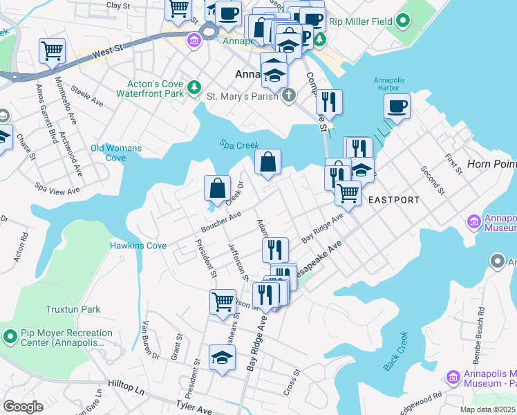 map of restaurants, bars, coffee shops, grocery stores, and more near 301 Adams Street in Annapolis