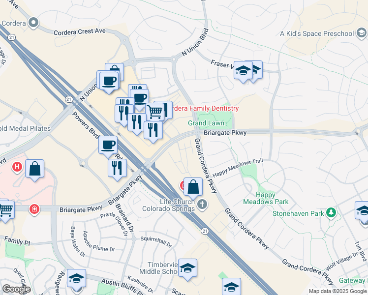 map of restaurants, bars, coffee shops, grocery stores, and more near 9334 Grand Cordera Parkway in Colorado Springs