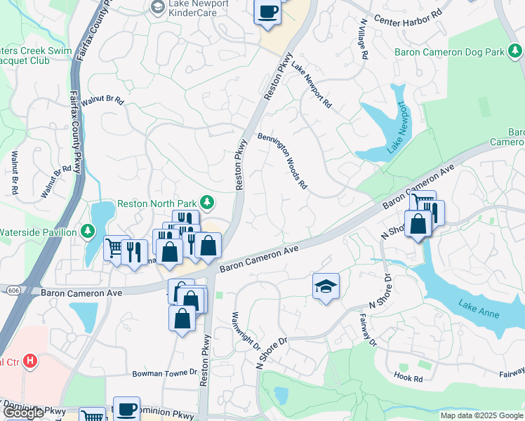 map of restaurants, bars, coffee shops, grocery stores, and more near 11670 Stockbridge Lane in Reston