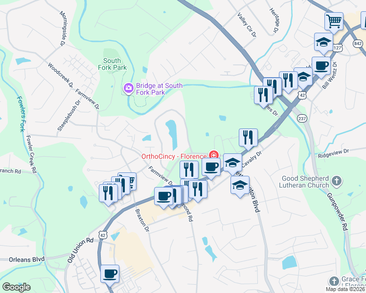 map of restaurants, bars, coffee shops, grocery stores, and more near 44 Rio Grande Circle in Florence