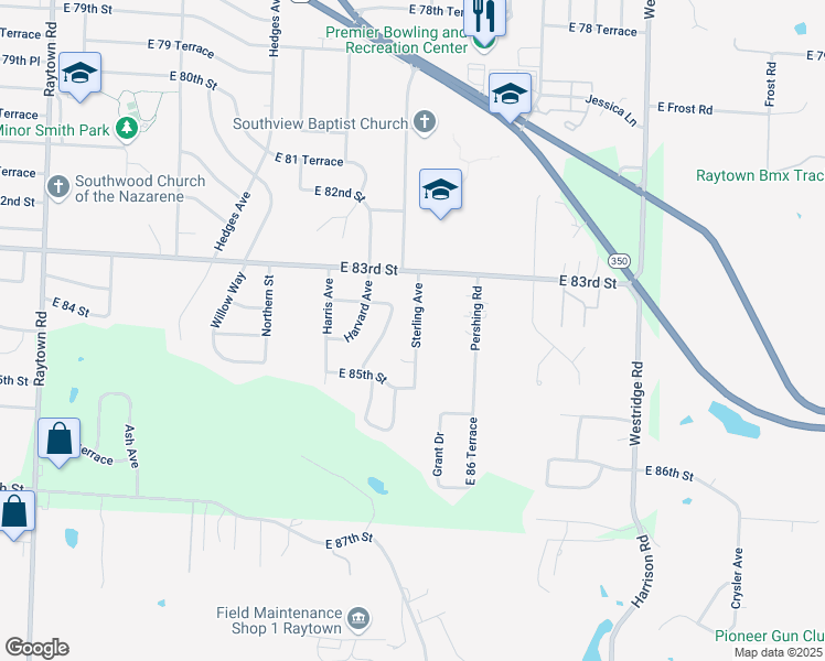 map of restaurants, bars, coffee shops, grocery stores, and more near 8366 Sterling Avenue in Raytown