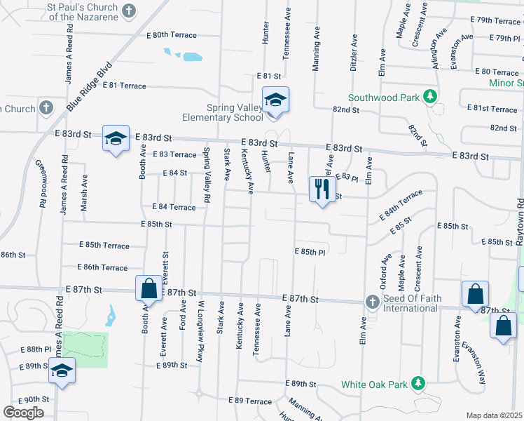 map of restaurants, bars, coffee shops, grocery stores, and more near 8450 Lane Drive in Raytown