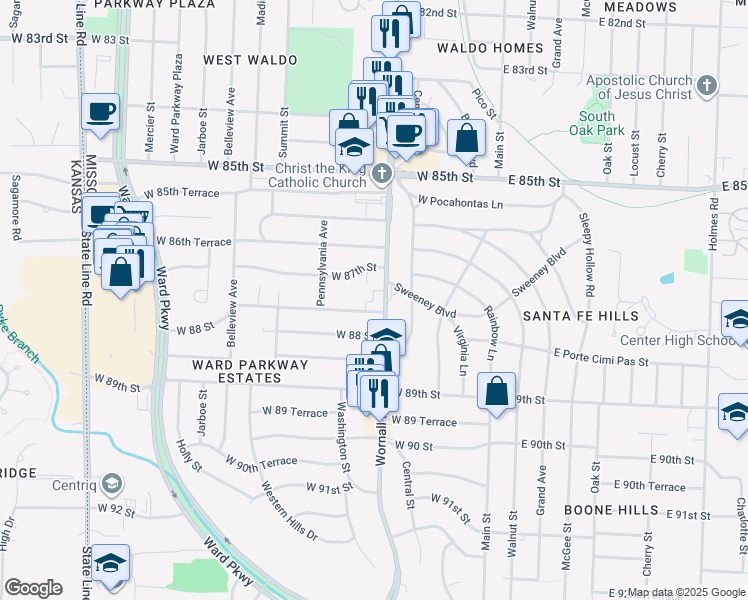 map of restaurants, bars, coffee shops, grocery stores, and more near 418 West 87th Terrace in Kansas City