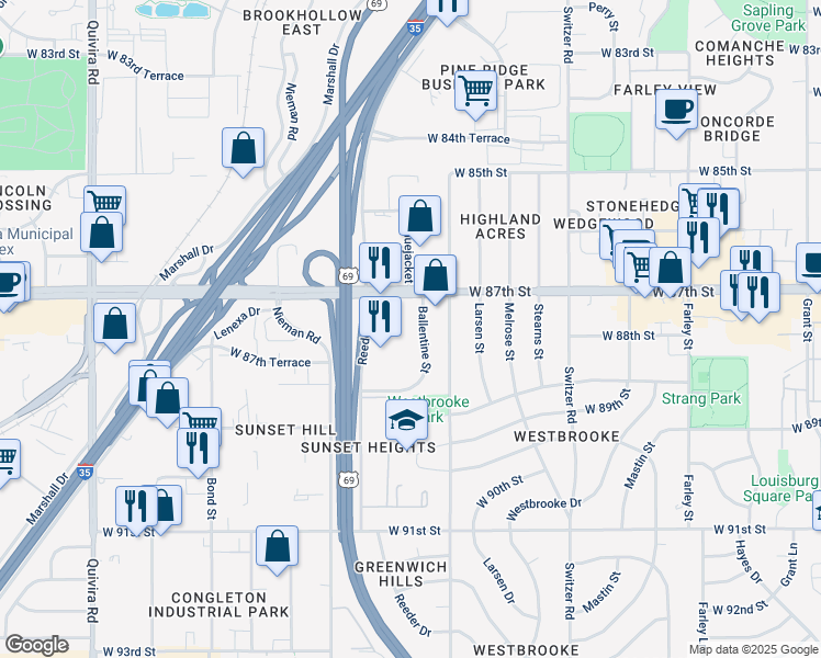 map of restaurants, bars, coffee shops, grocery stores, and more near 8750 Ballentine St in Overland Park