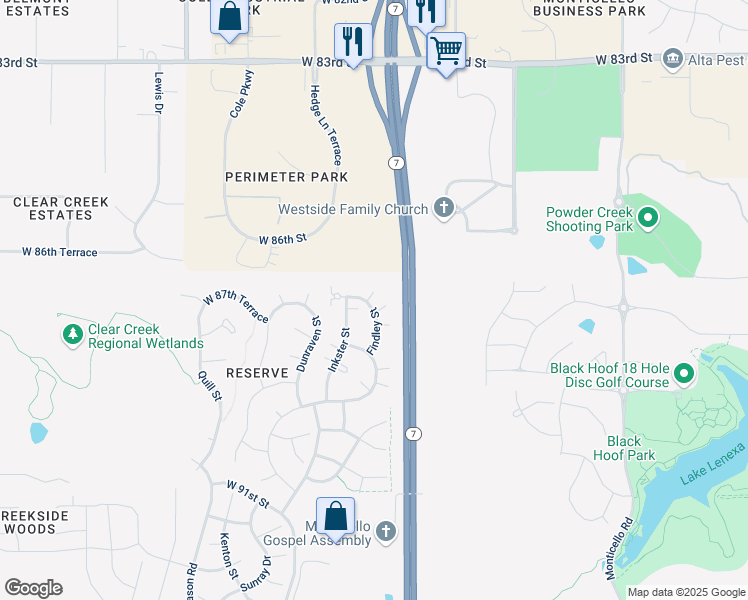 map of restaurants, bars, coffee shops, grocery stores, and more near 5342 West 87th Terrace in Shawnee