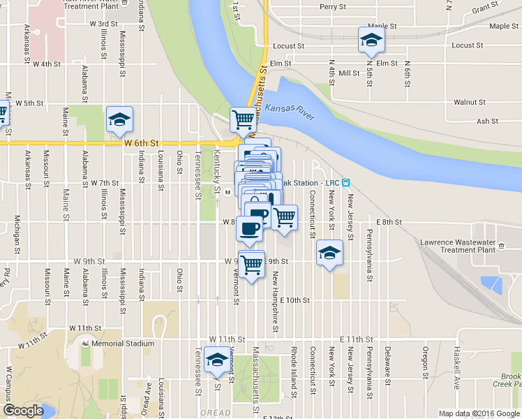 map of restaurants, bars, coffee shops, grocery stores, and more near 735 New Hampshire Street in Lawrence