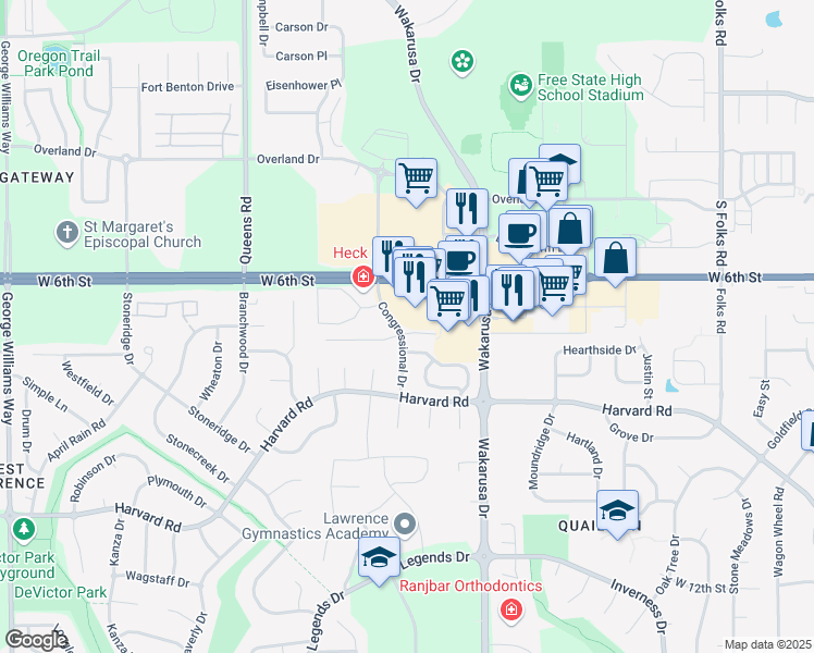 map of restaurants, bars, coffee shops, grocery stores, and more near 5014 Congressional Way in Lawrence