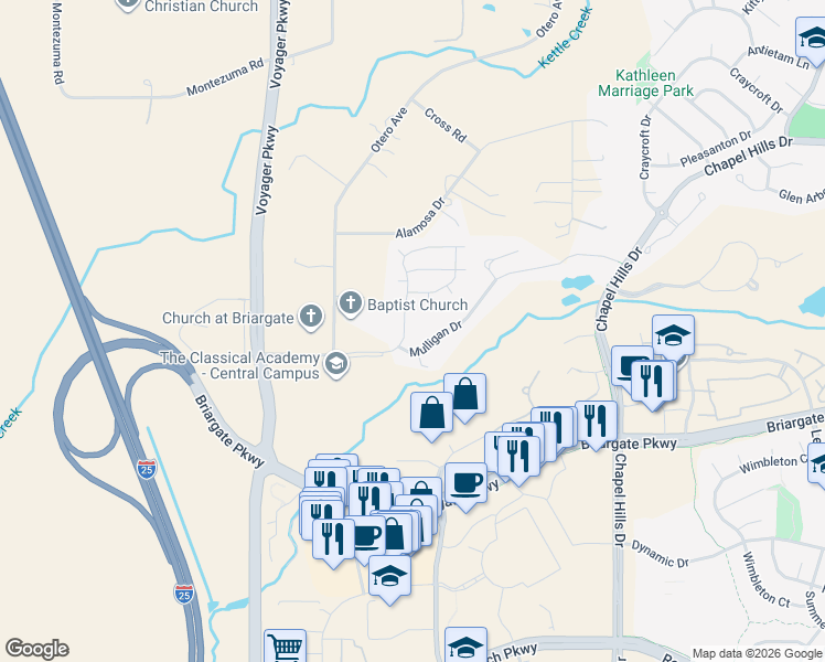 map of restaurants, bars, coffee shops, grocery stores, and more near 1895 Springcrest Road in Colorado Springs