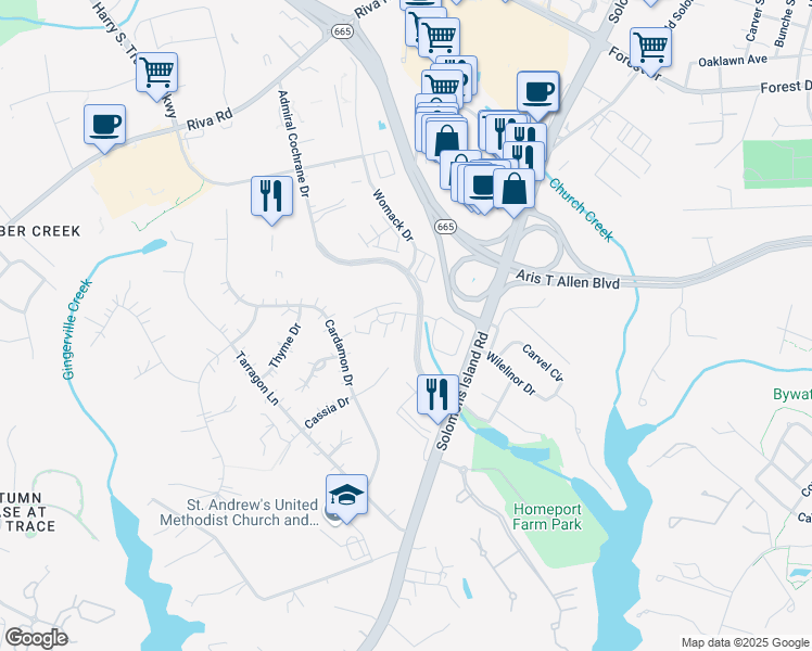 map of restaurants, bars, coffee shops, grocery stores, and more near 311 Helmsman Alley in Annapolis
