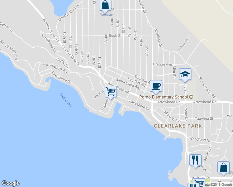 map of restaurants, bars, coffee shops, grocery stores, and more near 13510 Lakeshore Drive in Clearlake
