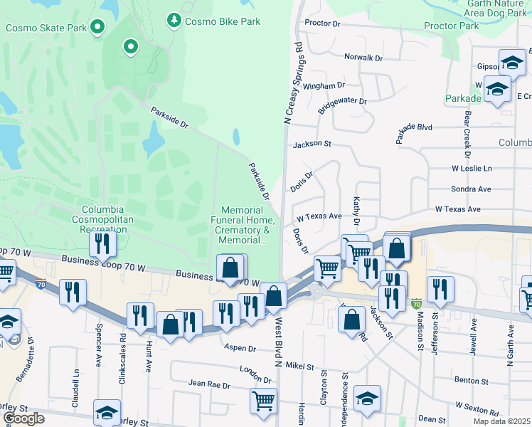 map of restaurants, bars, coffee shops, grocery stores, and more near 1101 North Parkside Court in Columbia