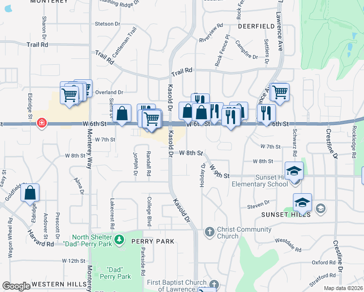 map of restaurants, bars, coffee shops, grocery stores, and more near 721 Arizona St in Lawrence