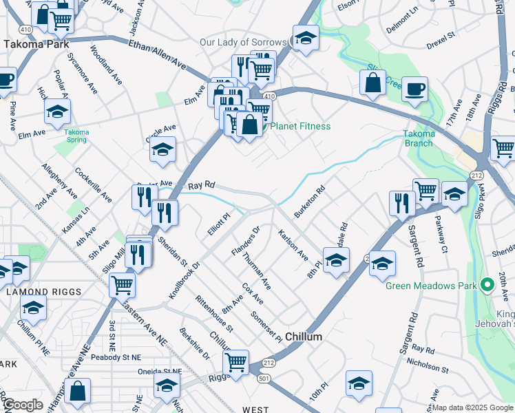 map of restaurants, bars, coffee shops, grocery stores, and more near 6504 Knollbrook Drive in Hyattsville