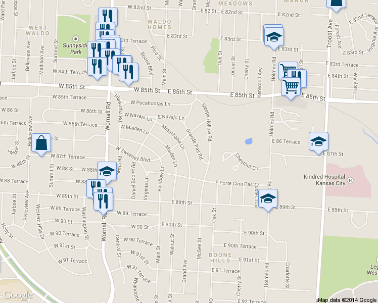 map of restaurants, bars, coffee shops, grocery stores, and more near 8711 Minnehaha Lane in Kansas City