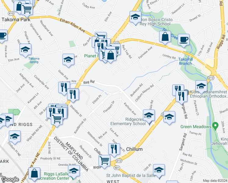 map of restaurants, bars, coffee shops, grocery stores, and more near 6504 Knollbrook Drive in Hyattsville