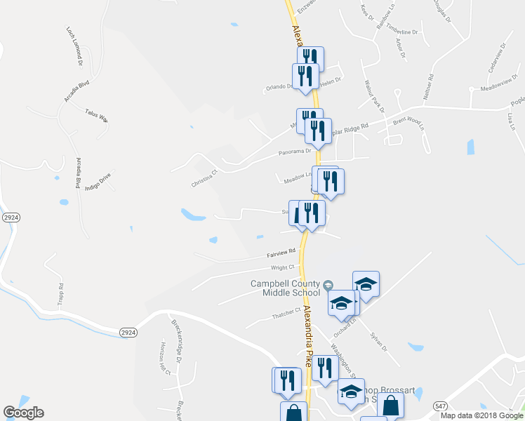 map of restaurants, bars, coffee shops, grocery stores, and more near 35 Sunset Drive in Alexandria