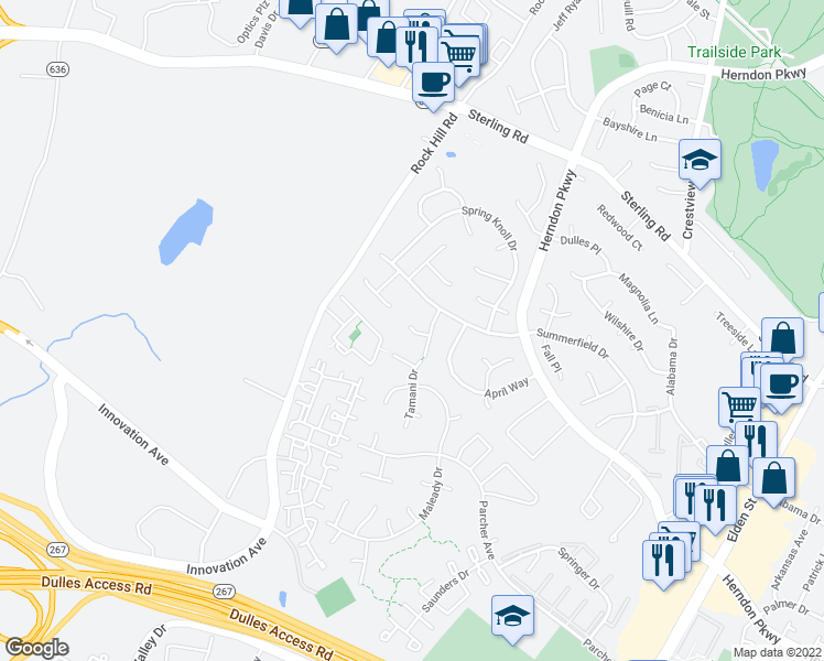 map of restaurants, bars, coffee shops, grocery stores, and more near Winterland Court in Herndon