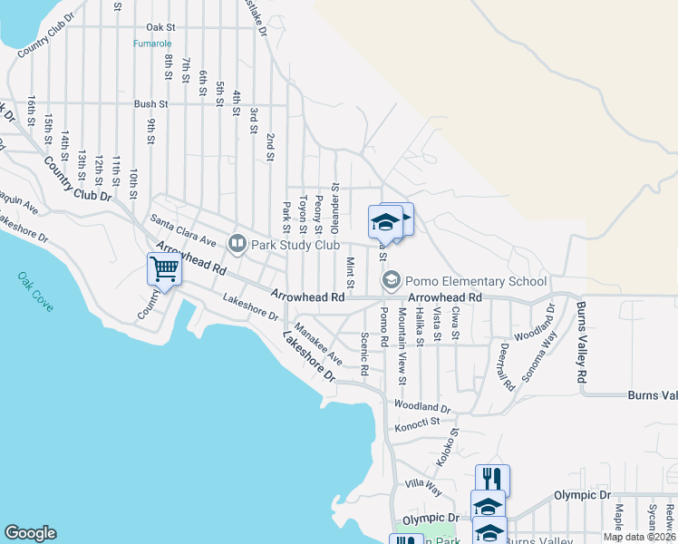 map of restaurants, bars, coffee shops, grocery stores, and more near 3626 Oleander Street in Clearlake