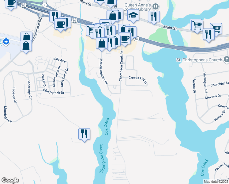 map of restaurants, bars, coffee shops, grocery stores, and more near 8 Mariners Way in Stevensville