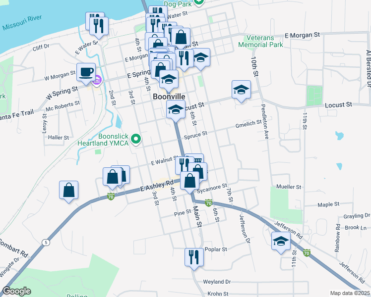 map of restaurants, bars, coffee shops, grocery stores, and more near 818 Main Street in Boonville
